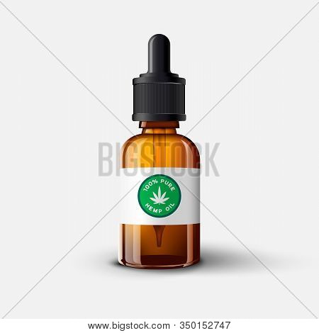 Glass Essetial Oil Bottle. Hemp Oil Logotype On White Sticker