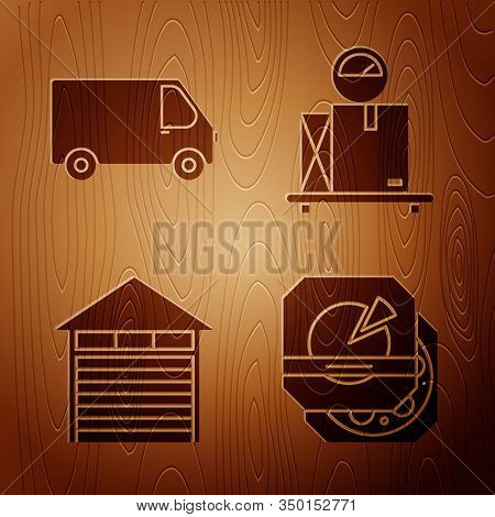 Set Pizza In Cardboard Box , Delivery Cargo Truck Vehicle , Closed Warehouse And Scale With Cardboar