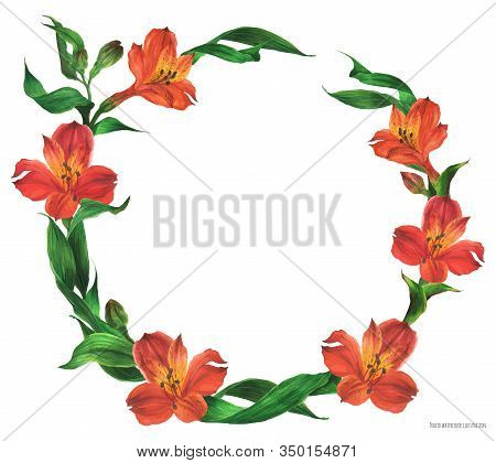 Romantic Round Wreath With Red Flowers, Realistic Watercolor Traced Illustration