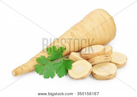 Parsnip Root And Slices With Parsley Isolated On White Background With Clipping Path