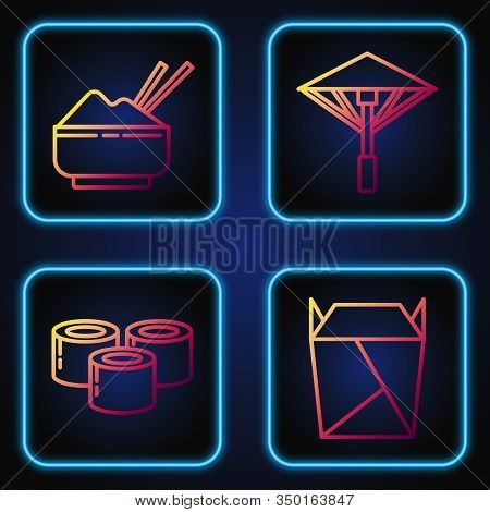 Set Line Rstaurant Opened Take Out Box Filled, Sushi, Rice In A Bowl With Chopstick And Japanese Umb