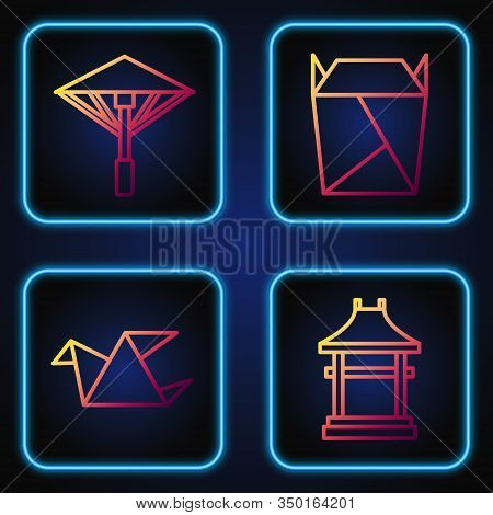 Set Line Japan Gate, Origami Bird, Japanese Umbrella From The Sun And Rstaurant Opened Take Out Box 