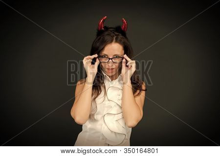 I Only Spook When Spoken To. Sexy Woman Wear Halloween Red Devil Horns And Eyeglasses. Sensual Girl 