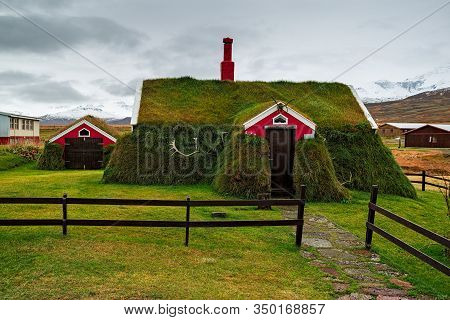 Lindarbakki Turf Houses In Borgarfjordur Eystri In East Iceland In A Cloudy Day