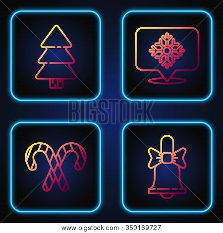 Set Line Merry Christmas Ringing Bell, Christmas Candy Cane With Stripes, Christmas Tree And Snowfla