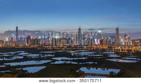Panorama Of Skyline Of Shenzhen City, China At Dusk