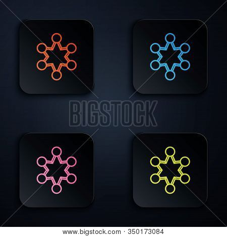 Color Neon Line Police Badge Icon Isolated On Black Background. Sheriff Badge Sign. Shield With Star
