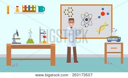 Chemistry Lesson In Classroom Vector Illustration. Male Teacher Explains At The Blackboard. School C