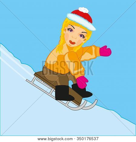 Girl Rides On Sled With Hutches In Winter