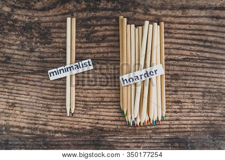 Minimalist Vs Hoarder Lifestyle, 2 Tidy Pencils Vs Messy Group Of All Colors