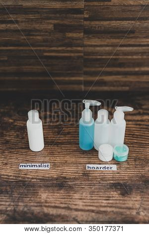 Minimalist Vs Hoarder Lifestyle, One Beauty Product Essential Vs Group With Different Types Of Lotio