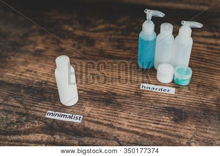 Minimalist Vs Hoarder Lifestyle, One Beauty Product Essential Vs Group With Different Types Of Lotio