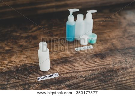 Minimalist Vs Hoarder Lifestyle, One Beauty Product Essential Vs Group With Different Types Of Lotio