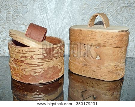 Tuesok - A Small Birch-bark Box With Lid. For Storage Of Loose Products. Closeup. Folk Craft Russia.