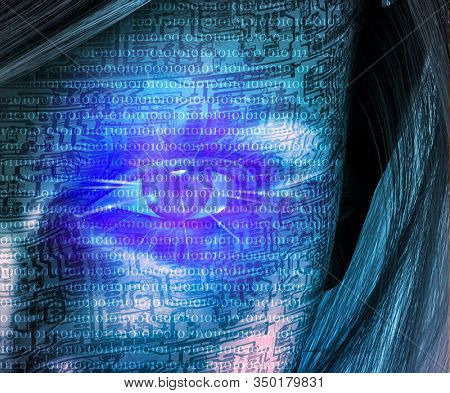 Cyborg woman face. Binary code and circuit board pattern. 3D rendering