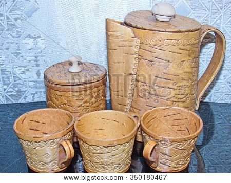 Cups, Sugar Bowl And Kettle Of Birch Bark. Kitchenware. Folk Craft Of Russia. Retro. Products From B