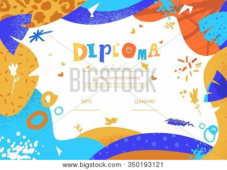 Modern Colorful Diploma Template For Kids. Vector Illustration Template Certificate Background With 