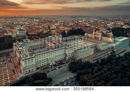 Royal Palace aerial view at sunrise in Madrid, Spain.