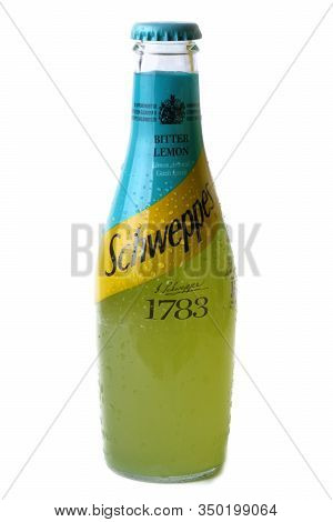 Mersin, Turkey - February 2020. Chilled Bitter Lemon Schweppes Bottle With Drops And Inscriptions On