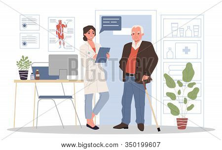 Senior Patient Visiting Doctor Office. Old Man With Cane Consulting Physician. Vector Illustration F