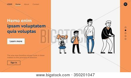 People Of Different Generation. Little Girl, Schoolboy, Adult, Senior Man And Woman With Cane Flat V