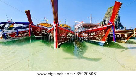 Aonang, Krabi / Thailand - February 11, 2019: Aonang Beach, The Beautiful And Famous Place In Thaila