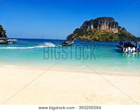 Aonang, Krabi / Thailand - February 11, 2019: Aonang Beach, The Beautiful And Famous Place In Thaila