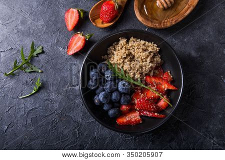 Healthy Vegan Diet Salad Quinoa With Blueberry,strawberry, Honey And Chia Seeds. Concept Sooper Food