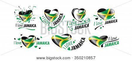 National Flag Of The Jamaica In The Shape Of A Heart And The Inscription I Love Jamaica. Vector Illu