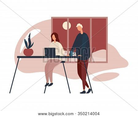 Colleagues Working In Office At Night. Vector Illustration