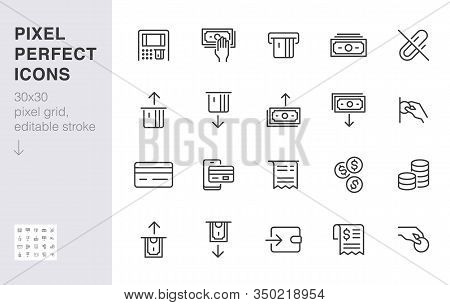 Atm Machine Line Icon Set. Withdraw Money, Deposit, Hand Taking Cash, Receipt Minimal Vector Illustr