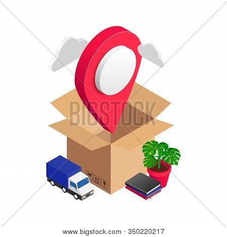 Isometric Opened Box With Map Pointer, Van And Home Furniture Isolated On Whte Background. 3d Reloca