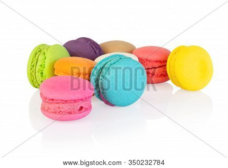 Colorful Magaroons Isolated On White Background, Sweet And Dessert Concept