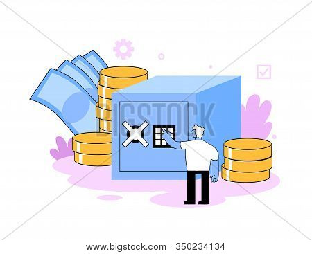 Man In Front Of Big Security Safe And Piles Of Money Dialling A Password Code. Banking And Savings C