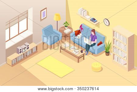 Isometric Living Room With Woman Freelancer And Notebook. Girl Doing Freelance Job At Sofa. Remote W