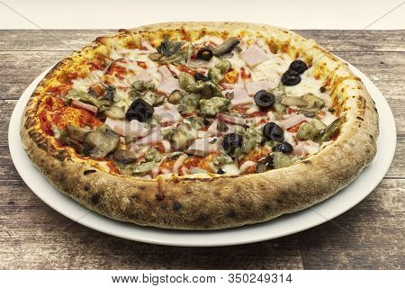 Pizza Capricciosa, Pizza Alla Capricciosa. Traditional Italian Pizza On Wooden Background