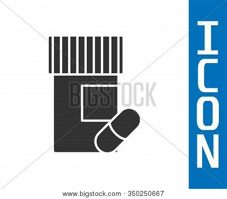 Grey Medicine Bottle And Pills Icon Isolated On White Background. Bottle Pill Sign. Pharmacy Design.