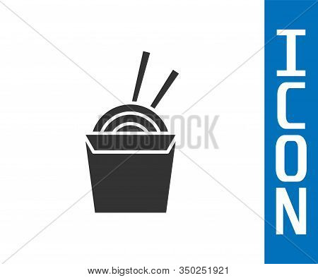 Grey Asian Noodles In Paper Box And Chopsticks Icon Isolated On White Background. Street Fast Food. 