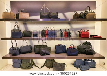 HONG KONG, CHINA - CIRCA JANUARY, 2019: bags on display at Agnes b store in New Town Plaza shopping mall in Hong Kong.