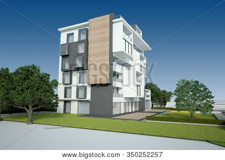 3D rendering of a modern appartment building with garden and bluepriints on the background