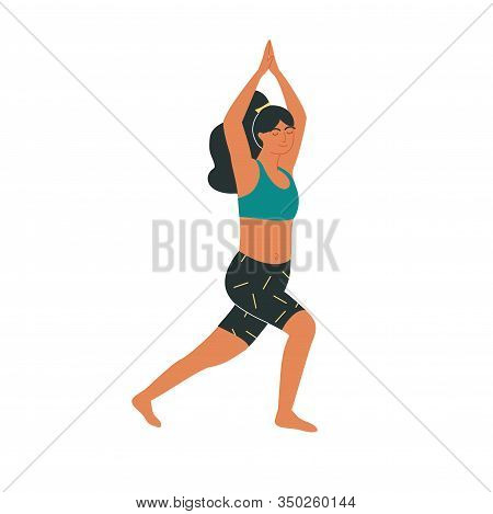 Brunette Woman In Warrior Pose Or Virabhadrasana Yoga Asana Isolated On White. Yoga, Pilates Or Stre