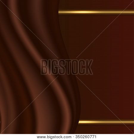 Chocolate Wavy Abstract Background With Smooth Satin Texture And Golden Glowing Separator Lines. Vec
