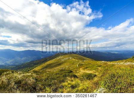 Picturesque Landscape Of Carpathian Mountains In Early Autumn. View From Mount Pikui (1405m). Mount 