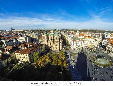 Aerial View Of Saint Nicholas Church (czech: Kostel Svateho Mikulase) And Old Town Square (staromest