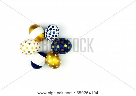 White, Golden And Blue Easter Eggs Flat Lay Isolated On White Background Top View With Copy Space. M