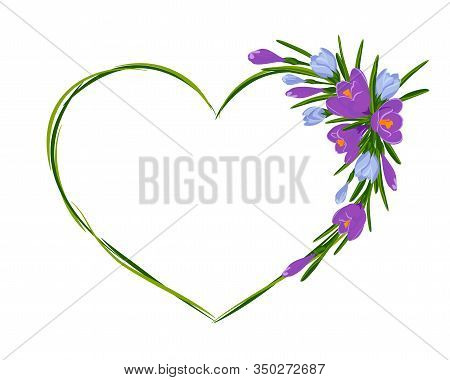 Beautiful Heart Frame With Bouquet Of Crocuses. Vector Illustration. Spring Frame Of Violet And Blue