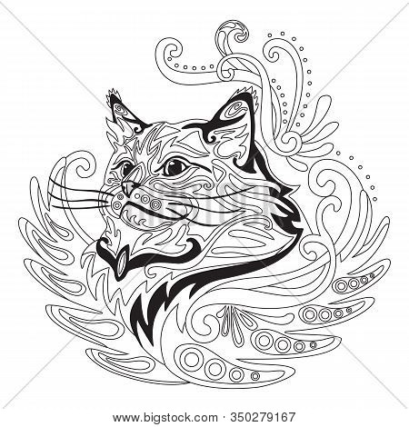 Vector Hand Drawing Zentangle Coloring Antistress With Ornamental Fluffy Cat Portrait Isolated On Wh