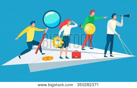 People Following Leader Vector, Business Team With Tools Standing On Paper Plane Flying Forward. Man