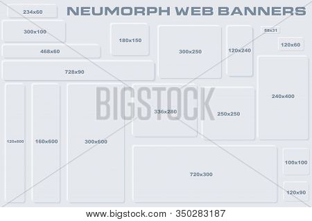 Standard Size Neumorphic Ui Web Banners Templates. Skeuomorph Trend Design. Editable Vector Elements