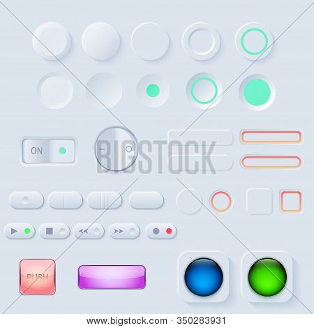 Neumorphic Ui Button Set. Light Color Workflow Graphic Elements In Skeuomorph Trend Design. Button E